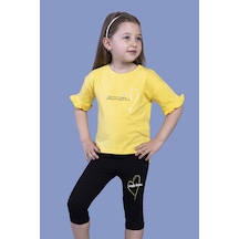 Toontoy Kids Toontoy Kız Çocuk 2'li Takım Baskılı Bisiklet Yaka Kolu Fırfırlı T-shirt & Basic Düz Crop Tayt Sarı