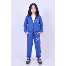Panios Kids Kız Çocuk Kelebek Baskılı Dik Yaka Çift Cepli Fermuarlı Eşofman Takımı Sax Mavisi