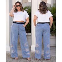 Büyük Beden Bol Kesim Paçası Desenli Taş Detayli Denim Kadın Pantolon Mavi