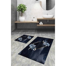 Lacivert Çiçekli Banyo Halısı Klozet 2'li Paspas Seti Bs053n11