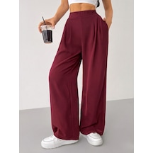 Genius Store Kadın Pantolon Scuba Krep Kumaş Beli Lastikli Cepli Pileli Geniş Paça Palazzo Pantolon Scuba-crep Bordo