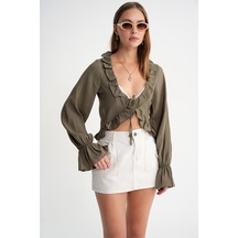 4712 Kadın Volanlı Modal Bolero Bluz Haki Haki