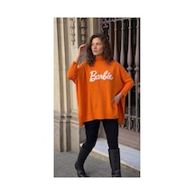 Onno Style Women Barbie Nakışlı Yırtmaçlı Triko Kadın Panço Turuncu