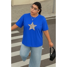 Büyük Beden Yıldız Leopar Baskılı Unisex Tişört Saks Mavisi