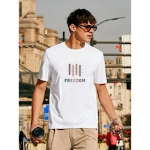Unisex Oversize Freedom Baskılı Bisiklet Yaka Beyaz T-shirt Beyaz