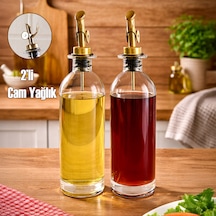 Porsima 3890 Gold Sızdırmaz Kapaklı Cam 2 Li Yağlık Sirkelik Yağdanlık Seti 500+500 Ml Şeffaf-gold