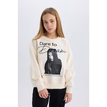 DeFacto Kız Çocuk Oversize Geniş Kalıp Bisiklet Yaka Baskılı Sweatshirt D5452A824WNER233 Ekru