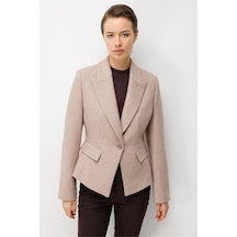 Ekol Kadın Çentikli Yaka Tek Düğmeli Blazer Ceket Yün Karışımlı Kum