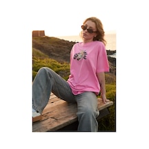 Velvoria Oversize Kadın Shate Baskılı Pembe Renk T-shirt