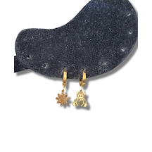 Çiçekli Ve Ayıcıklı Gold Çelik Küpe Altın