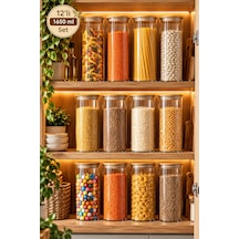 Porsima 3-4 Bambu Vakumlu Kapaklı Yuvarlak Cam 12li Kavanoz Seti Saklama Kabı 1650ml 10x25cm