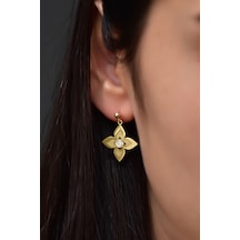 925 Ayar Gümüş Gold Kaplama Nisan Doğum Taşı Lilyum Çiçeği Çivili Top Sallantılı Küpe