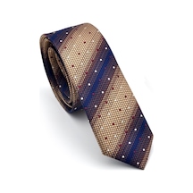 Gaffy Bej Kahverengi Ve Lacivert Verev Desenli Dokuma Kumaş Mendilli Slim Fit Kravat // Sdk-240801 Desenli
