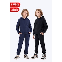 Panios Kids 2'li Düz 3 İplik Kışlık Kanguru Cepli Kapüşonlu Kız Çocuk Eşofman Takımı Lacivert-siyah