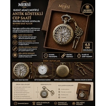 Hayat Ağacı Tasarımlı Antik Köstekli Cep Saati Zincirli Vintage Nostaljik Saat 4,5 Cm