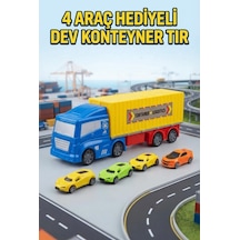 Premium Oyuncak Konteyner Tır Ve Spor Araba Seti - 4'lü Sürtünmeli Mini Yarış Arabalı Tır Taşıyıcı