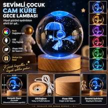 Şemsiyeli Çocuk Tasarımlı Cam Küre Gece Lambası Usb Li Ahşap Altlıklı Dekoratif Lamba 6 Cm Şeffaf