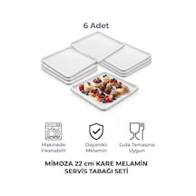 6 Adet Kare Melamin Tatlı Servis Sunum Tabağı Makinede Yıkanabilir Dayanıklı Mimoza 22 Cm Beyaz
