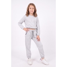 Panios Kids Kız Çocuk Yuvarlak Yakalı Cep Biye Detaylı Düz Baskısız Paça Lastikli Alt Üst Eşofman Takımı Gri