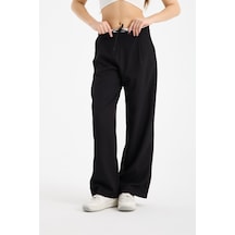 Gugus Kadın Wide Leg Kumaş Bol Paça Pantolon Beli Bağcıklı Beyaz Garni Detaylı Fermuar Kapamalı Siyah