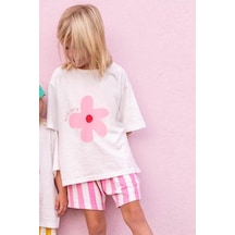 Lolliboomkids Kız Çocuk Pamuklu Bisiklet Yaka Çiçek Baskılı Tshirt Çizgili Şort Alt Üst Takım Pembe