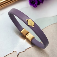 Archin Seda İsmine Özel Doğal Mor Derili Kalp Motifli 14 Ayar Altın Plakalı Hediye Bileklik-479isim Seda