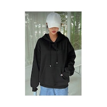 Kadın Kapüşonlu Kanguru Cepli 3 İplik Pamuklu Oversize Hoodie Sweatshirt - Siyah