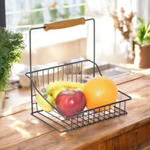 Retro Ferforje Tek Sepet, Ahşap Kulplu Mutfak Banyo Salon Ofis Düzenleyici Sepet Organizer Siyah, 20x20 Cm Diğer