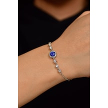 Safir Taşlı Rodyum Yuvarlak Anturaj Gümüş Bileklik B10021