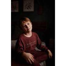 Antebies Pamuk Kumaştan Üretilmiş, Cool Kids Nakışlı, Uzun Kollu Erkek Çocuk Sweatshirtü, Bel Lastikli Bağcıklı Eşofman Takımı Bordo