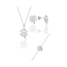 Gümüş Rodyumlu Zirkon Taşlı Yonca Modeli Üçlü Set