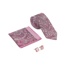 Brianze Pembe Şal Desen Kravat Mendil Kol Düğmesi Hediyelik Set Pembe