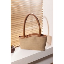 Lovelystore Kadın Hasır El Omuz Çantası Yazlık Çanta Plaj Çantası Fermuarlı Astarlı 24x38 Krem