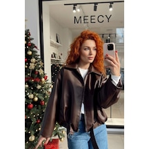 Meecy Yeni Sezon Suni Oversize Bomber Deri Ceket Kahverengi Kahverengi