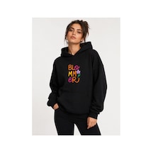 Herkesemoda Blommer Baskılı Kapüşonlu 2 İplik Şardonlu Sweatshirt Siyah