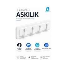 4 Kancalı Yapışkanlı Duvar Askılığı Delmeden Montaj Beyaz
