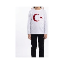 Es Eyüp Selda Kız Çocuk Ay Yıldız Türk Bayraklı Uzun Kollu Tişört Beyaz