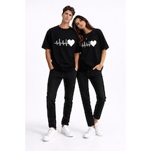 Sevgili Kombini Kalp Ritmi Baskılı Çift Tişört Oversize Unisex Partner Kombin Çift Seti Siyah