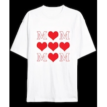 Defymoda Anneler Günü Hediye Mom Kalp Baskılı Oversize Bisiklet Yaka T-shirt - Beyaz