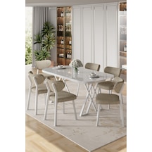 Canisa Axton Serisi Sabit Mdf 90x168 Beyaz Mutfak Masa Takımı 6 Cappucino Sandalye Beyaz Masa Cappucino Sandalye