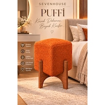 Puffi Ahşap Ayaklı Kare Makyaj Pufu Salon Oturma Pufu Dekoratif Teddy Kumaş Kaplı Puf Turuncu Turuncu