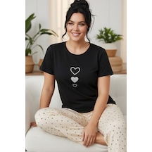 Siyah İnci Desenli Pamuklu Büyük Beden Battal Boy Örme Pijama Takım 26113876 Siyah