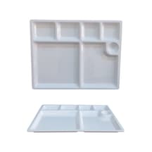 %100 Kırılmaz 4 Lü Melamin 7 Bölmeli Tabldot Yemek Servis Tabağı - 33x26 Cm Beyaz Beyaz
