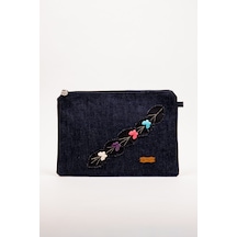 Fabric Craft Bag El Çantası Denim Kumaş Fermuarlı İçi Astarlı Nakış Detaylı 30 21 Cm Kot Lacivert