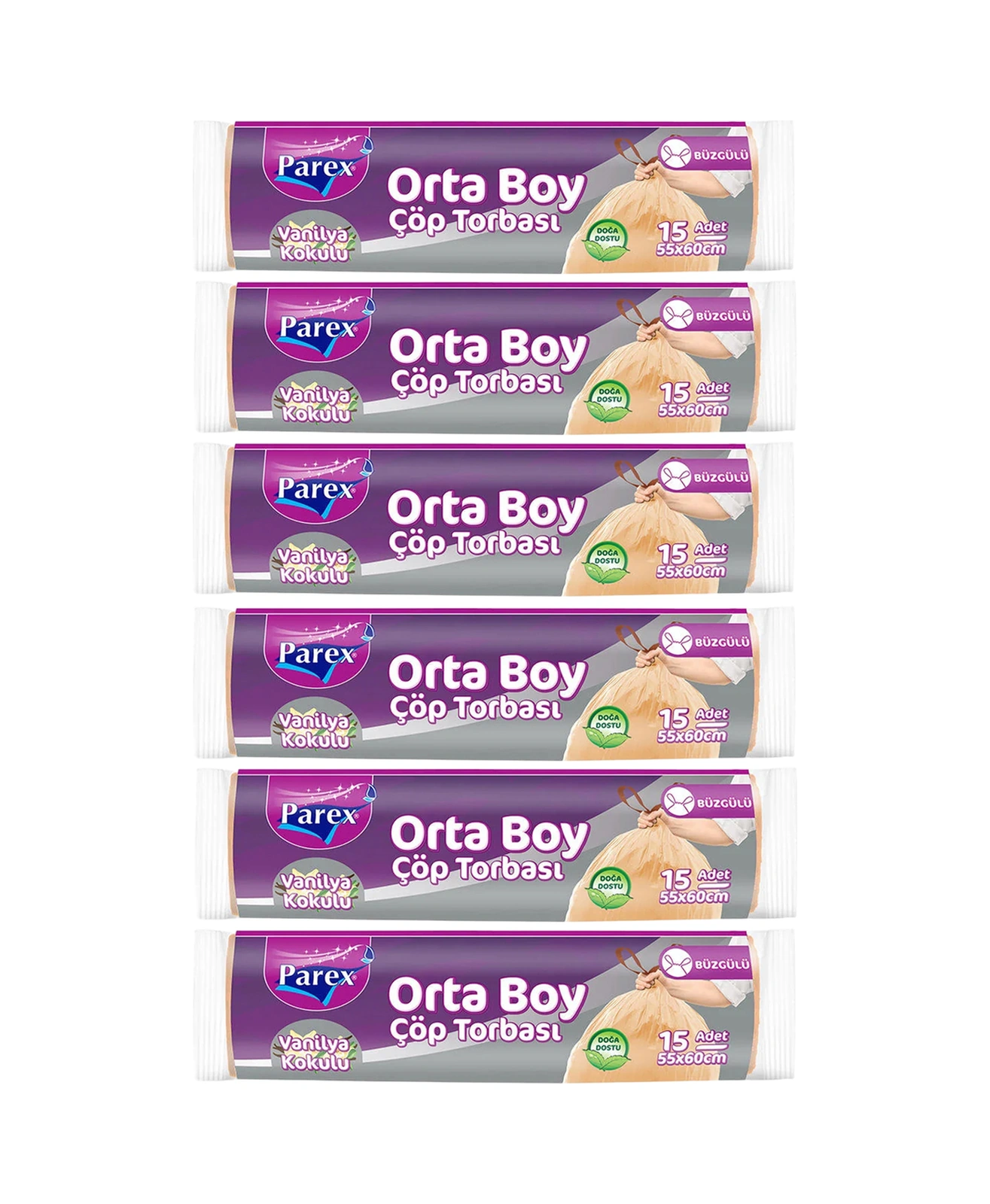 Büzgülü Çöp Torbası Vanilya Kokulu Orta Boy 15'li 55 X 60 Cm Altılı Paket