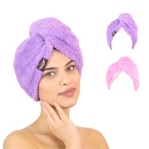 2'li Paket Mikrofiber Saç Havlusu 2 Düğmeli Saç Kurutma Bonesi Baş Havlusu Lila-pembe