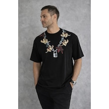 Erkek Baskılı T-shirt Kısa Kol Bisiklet Yaka Regular Fit Rahat Tişört - Siyah Siyah
