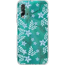 Xiaomi Redmi 9t Kamera Korumalı Kapak Floral Mavi Tasarımlı Şeffaf Kılıf