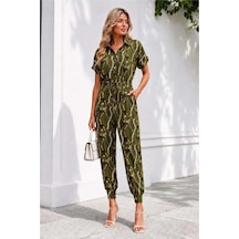 Kadın Modern Stil Tül Kumaş Kısa Kollu Tulum Haki