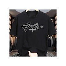Caddemia Yaz  Rahat Gevşek Artı Boyutu Houston Mektup Baskılı Spor Yuvarlak Boyu Siyah 2XL